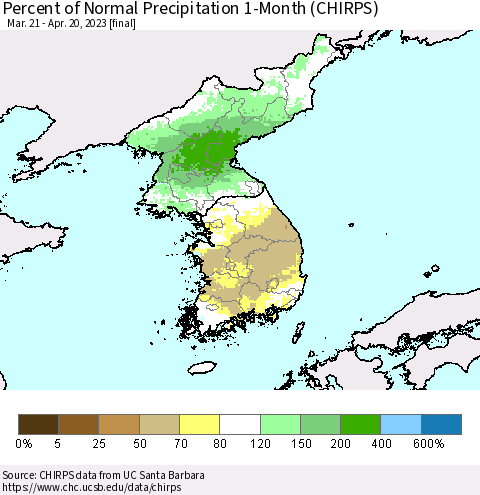 Korea Percent of Normal Precipitation 1-Month (CHIRPS) Thematic Map For 3/21/2023 - 4/20/2023