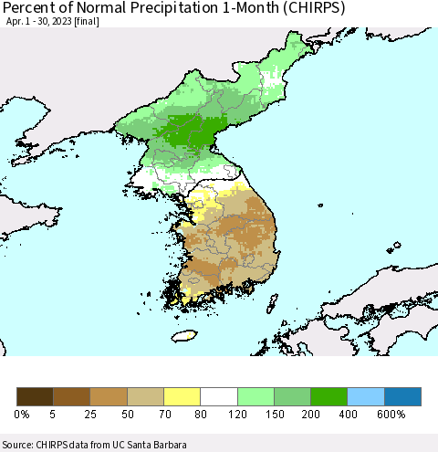Korea Percent of Normal Precipitation 1-Month (CHIRPS) Thematic Map For 4/1/2023 - 4/30/2023