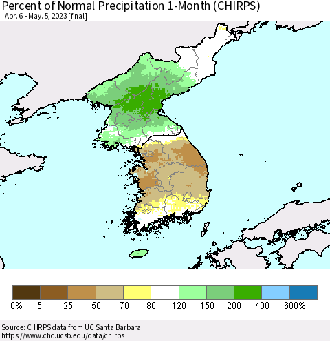 Korea Percent of Normal Precipitation 1-Month (CHIRPS) Thematic Map For 4/6/2023 - 5/5/2023