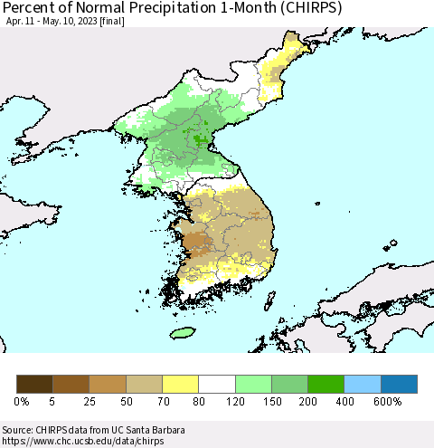 Korea Percent of Normal Precipitation 1-Month (CHIRPS) Thematic Map For 4/11/2023 - 5/10/2023