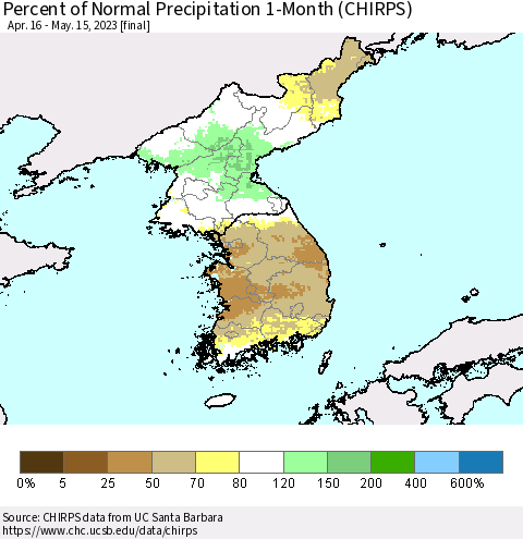 Korea Percent of Normal Precipitation 1-Month (CHIRPS) Thematic Map For 4/16/2023 - 5/15/2023