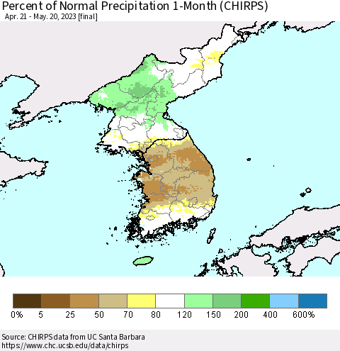 Korea Percent of Normal Precipitation 1-Month (CHIRPS) Thematic Map For 4/21/2023 - 5/20/2023