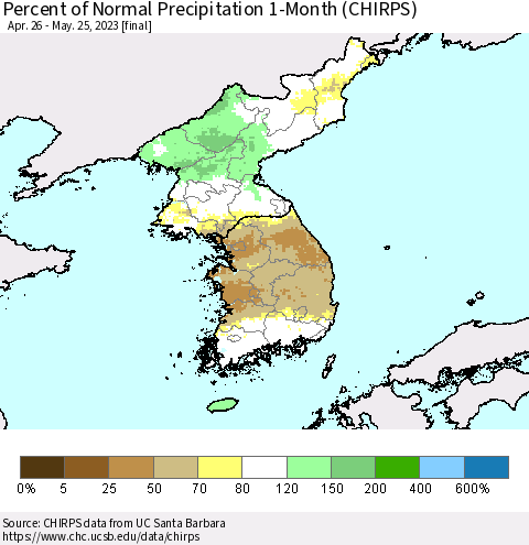 Korea Percent of Normal Precipitation 1-Month (CHIRPS) Thematic Map For 4/26/2023 - 5/25/2023