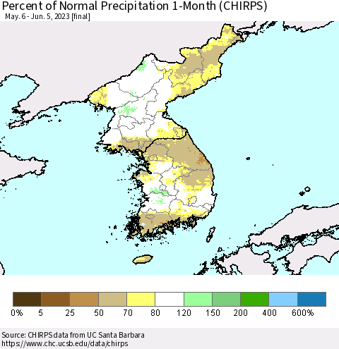 Korea Percent of Normal Precipitation 1-Month (CHIRPS) Thematic Map For 5/6/2023 - 6/5/2023