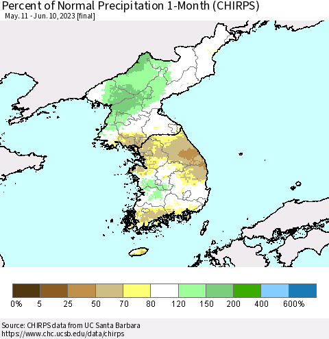 Korea Percent of Normal Precipitation 1-Month (CHIRPS) Thematic Map For 5/11/2023 - 6/10/2023