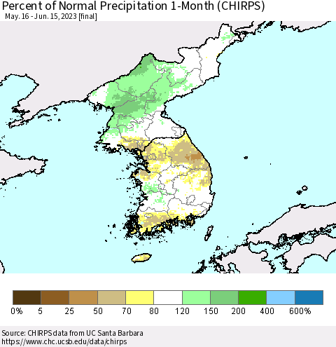 Korea Percent of Normal Precipitation 1-Month (CHIRPS) Thematic Map For 5/16/2023 - 6/15/2023