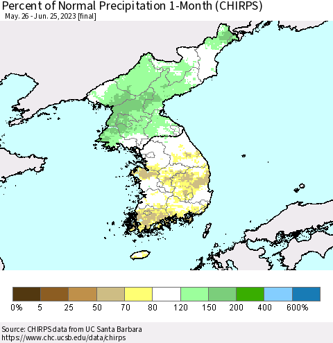 Korea Percent of Normal Precipitation 1-Month (CHIRPS) Thematic Map For 5/26/2023 - 6/25/2023