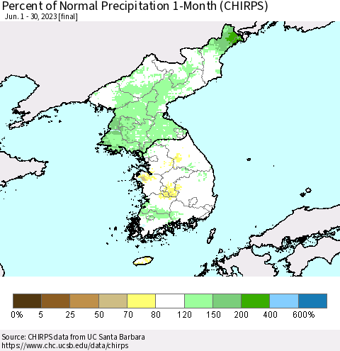 Korea Percent of Normal Precipitation 1-Month (CHIRPS) Thematic Map For 6/1/2023 - 6/30/2023