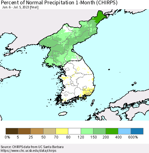 Korea Percent of Normal Precipitation 1-Month (CHIRPS) Thematic Map For 6/6/2023 - 7/5/2023