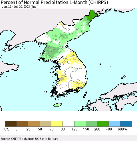 Korea Percent of Normal Precipitation 1-Month (CHIRPS) Thematic Map For 6/11/2023 - 7/10/2023