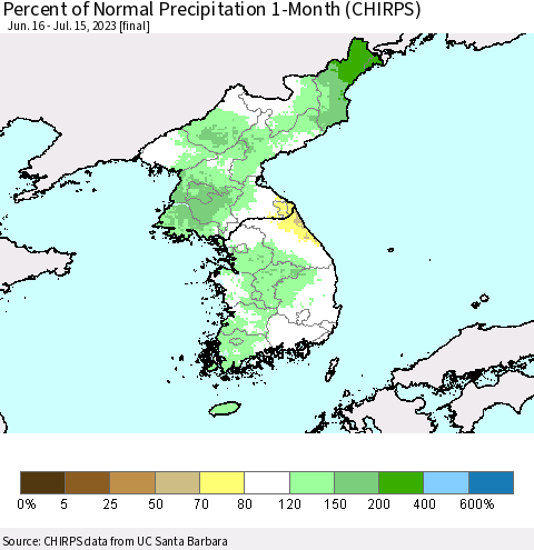 Korea Percent of Normal Precipitation 1-Month (CHIRPS) Thematic Map For 6/16/2023 - 7/15/2023