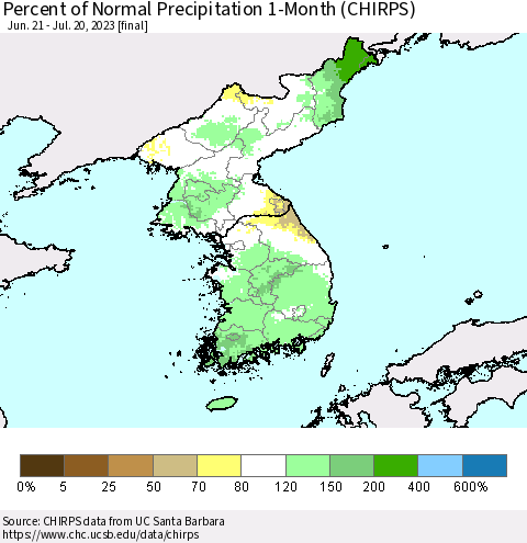 Korea Percent of Normal Precipitation 1-Month (CHIRPS) Thematic Map For 6/21/2023 - 7/20/2023