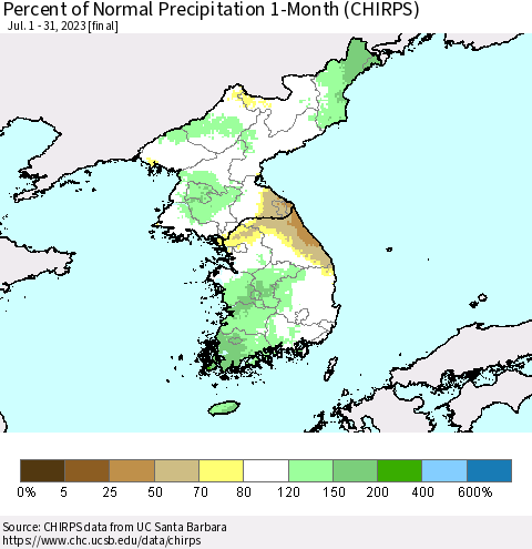 Korea Percent of Normal Precipitation 1-Month (CHIRPS) Thematic Map For 7/1/2023 - 7/31/2023