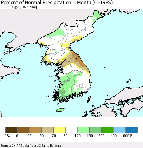 Korea Percent of Normal Precipitation 1-Month (CHIRPS) Thematic Map For 7/6/2023 - 8/5/2023