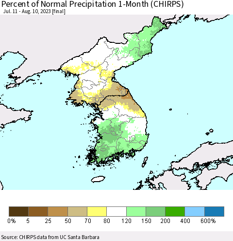 Korea Percent of Normal Precipitation 1-Month (CHIRPS) Thematic Map For 7/11/2023 - 8/10/2023