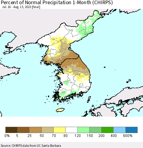 Korea Percent of Normal Precipitation 1-Month (CHIRPS) Thematic Map For 7/16/2023 - 8/15/2023