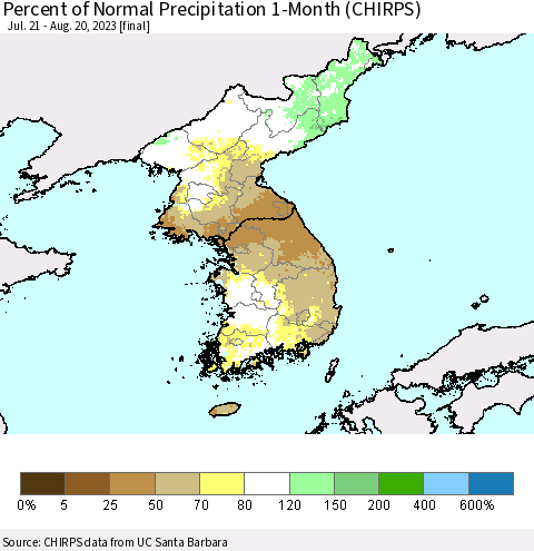 Korea Percent of Normal Precipitation 1-Month (CHIRPS) Thematic Map For 7/21/2023 - 8/20/2023