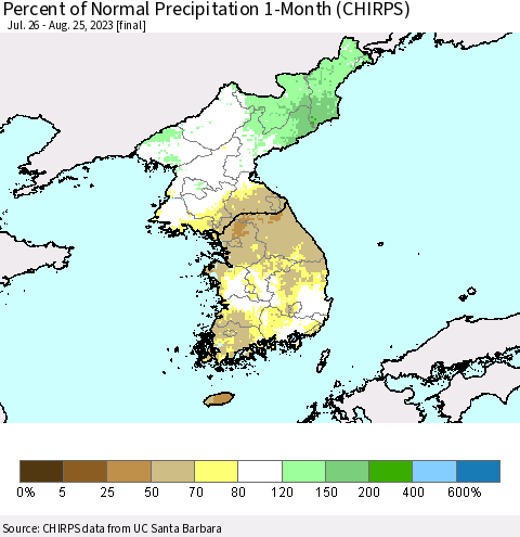 Korea Percent of Normal Precipitation 1-Month (CHIRPS) Thematic Map For 7/26/2023 - 8/25/2023