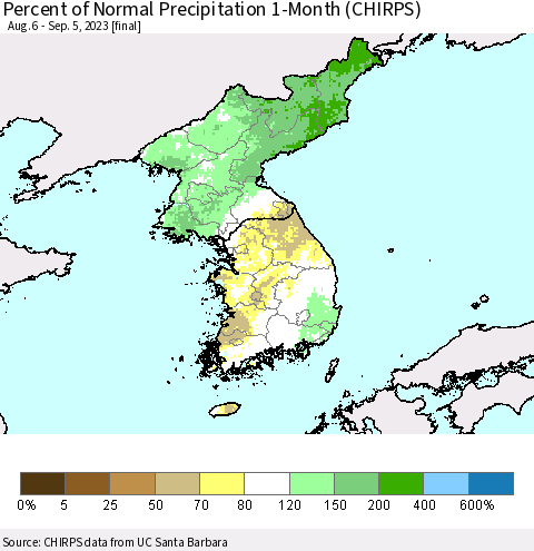 Korea Percent of Normal Precipitation 1-Month (CHIRPS) Thematic Map For 8/6/2023 - 9/5/2023