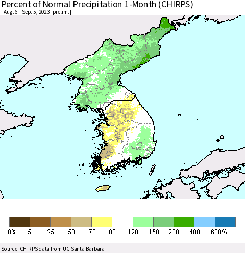 Korea Percent of Normal Precipitation 1-Month (CHIRPS) Thematic Map For 8/6/2023 - 9/5/2023