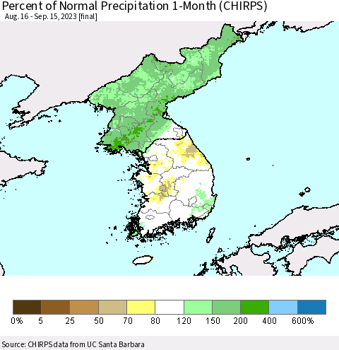 Korea Percent of Normal Precipitation 1-Month (CHIRPS) Thematic Map For 8/16/2023 - 9/15/2023