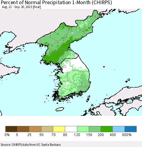 Korea Percent of Normal Precipitation 1-Month (CHIRPS) Thematic Map For 8/21/2023 - 9/20/2023