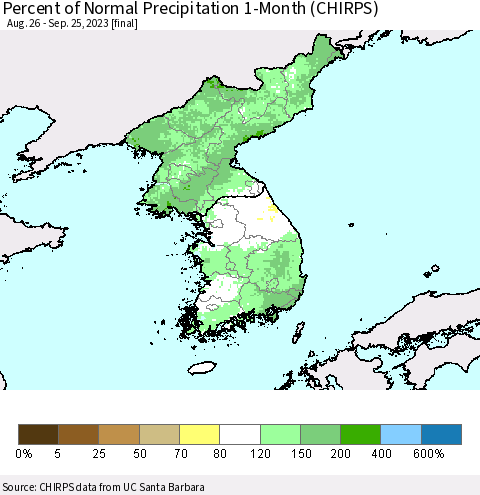 Korea Percent of Normal Precipitation 1-Month (CHIRPS) Thematic Map For 8/26/2023 - 9/25/2023
