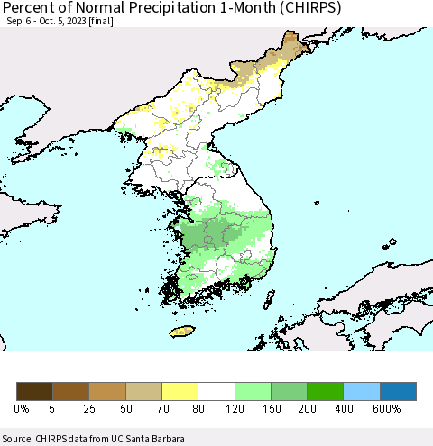 Korea Percent of Normal Precipitation 1-Month (CHIRPS) Thematic Map For 9/6/2023 - 10/5/2023