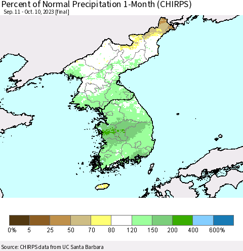 Korea Percent of Normal Precipitation 1-Month (CHIRPS) Thematic Map For 9/11/2023 - 10/10/2023