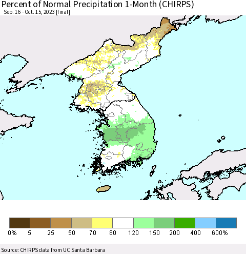 Korea Percent of Normal Precipitation 1-Month (CHIRPS) Thematic Map For 9/16/2023 - 10/15/2023