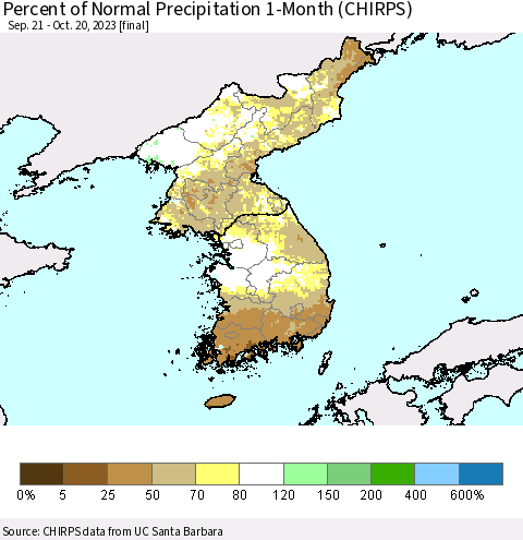 Korea Percent of Normal Precipitation 1-Month (CHIRPS) Thematic Map For 9/21/2023 - 10/20/2023