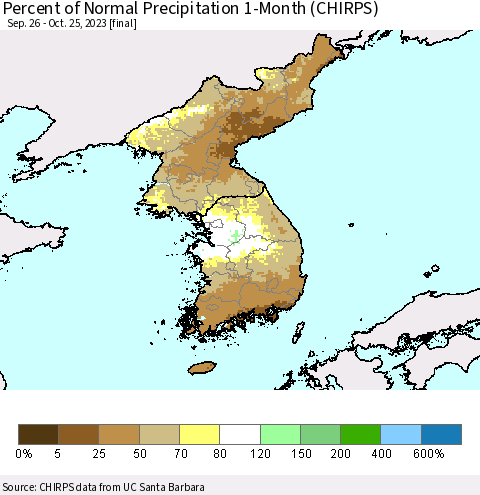 Korea Percent of Normal Precipitation 1-Month (CHIRPS) Thematic Map For 9/26/2023 - 10/25/2023