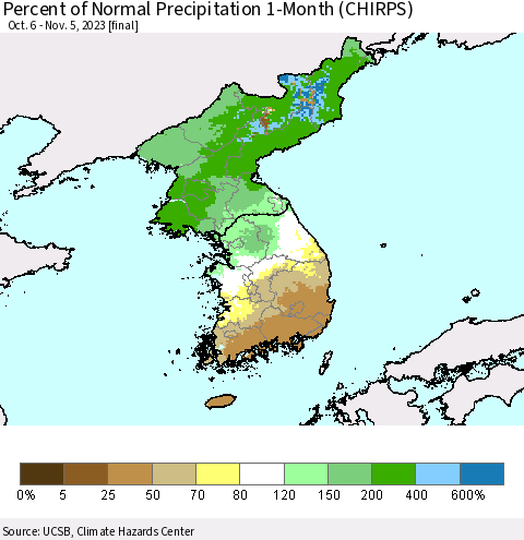 Korea Percent of Normal Precipitation 1-Month (CHIRPS) Thematic Map For 10/6/2023 - 11/5/2023
