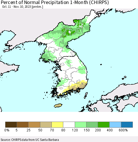 Korea Percent of Normal Precipitation 1-Month (CHIRPS) Thematic Map For 10/11/2023 - 11/10/2023