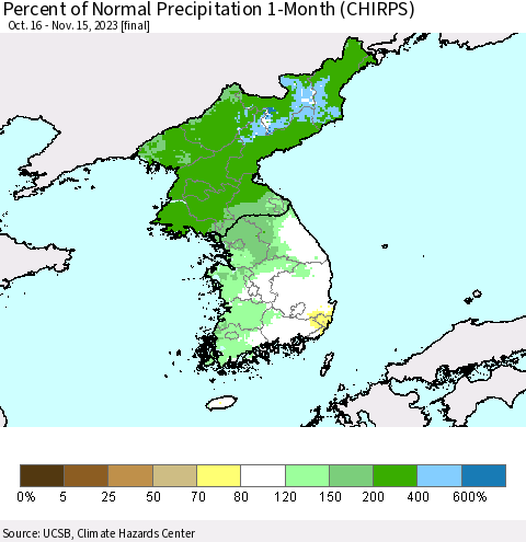 Korea Percent of Normal Precipitation 1-Month (CHIRPS) Thematic Map For 10/16/2023 - 11/15/2023