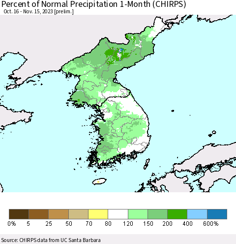 Korea Percent of Normal Precipitation 1-Month (CHIRPS) Thematic Map For 10/16/2023 - 11/15/2023