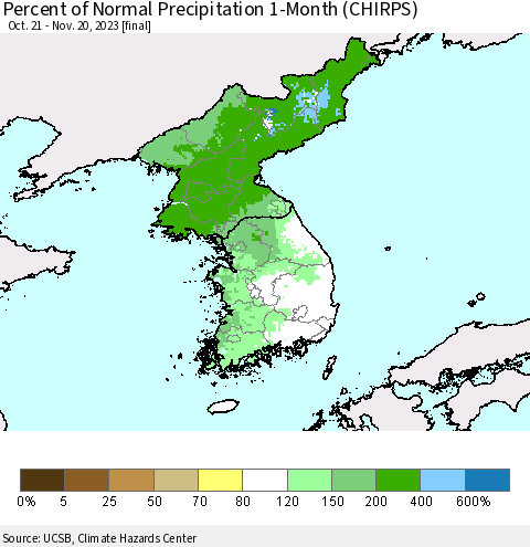 Korea Percent of Normal Precipitation 1-Month (CHIRPS) Thematic Map For 10/21/2023 - 11/20/2023