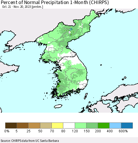 Korea Percent of Normal Precipitation 1-Month (CHIRPS) Thematic Map For 10/21/2023 - 11/20/2023