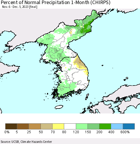 Korea Percent of Normal Precipitation 1-Month (CHIRPS) Thematic Map For 11/6/2023 - 12/5/2023