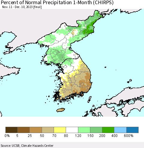 Korea Percent of Normal Precipitation 1-Month (CHIRPS) Thematic Map For 11/11/2023 - 12/10/2023