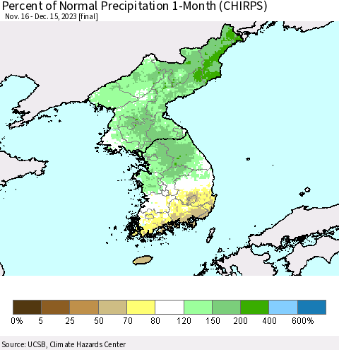 Korea Percent of Normal Precipitation 1-Month (CHIRPS) Thematic Map For 11/16/2023 - 12/15/2023