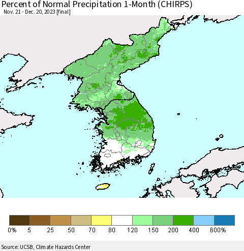 Korea Percent of Normal Precipitation 1-Month (CHIRPS) Thematic Map For 11/21/2023 - 12/20/2023