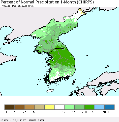 Korea Percent of Normal Precipitation 1-Month (CHIRPS) Thematic Map For 11/26/2023 - 12/25/2023