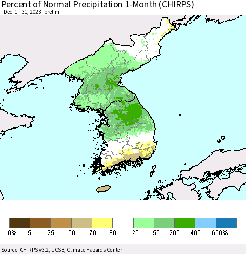 Korea Percent of Normal Precipitation 1-Month (CHIRPS) Thematic Map For 12/1/2023 - 12/31/2023