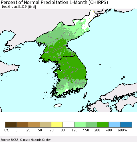 Korea Percent of Normal Precipitation 1-Month (CHIRPS) Thematic Map For 12/6/2023 - 1/5/2024