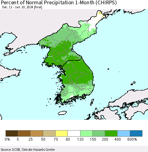 Korea Percent of Normal Precipitation 1-Month (CHIRPS) Thematic Map For 12/11/2023 - 1/10/2024
