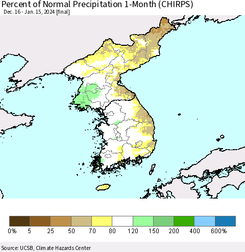 Korea Percent of Normal Precipitation 1-Month (CHIRPS) Thematic Map For 12/16/2023 - 1/15/2024