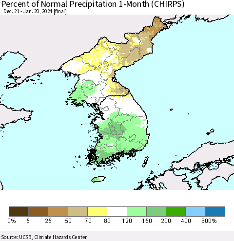 Korea Percent of Normal Precipitation 1-Month (CHIRPS) Thematic Map For 12/21/2023 - 1/20/2024