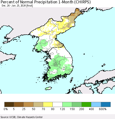 Korea Percent of Normal Precipitation 1-Month (CHIRPS) Thematic Map For 12/26/2023 - 1/25/2024