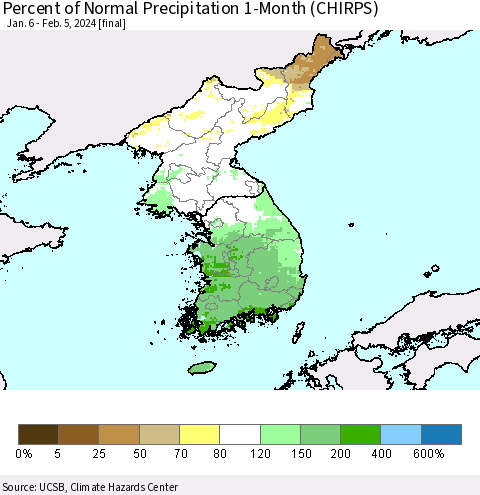 Korea Percent of Normal Precipitation 1-Month (CHIRPS) Thematic Map For 1/6/2024 - 2/5/2024